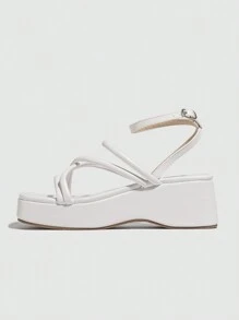 Giày sandal nữ quai da, quai ngang, mũi hở, gót chunky, thiết kế hở mũi, khóa cài, đế xuồng, thích hợp cho mùa hè, kỳ nghỉ, đi học, dạo phố, đa năng, màu trắng. - trắng - Xem 3