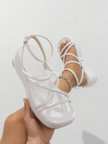 Giày sandal nữ quai da, quai ngang, mũi hở, gót chunky, thiết kế hở mũi, khóa cài, đế xuồng, thích hợp cho mùa hè, kỳ nghỉ, đi học, dạo phố, đa năng, màu trắng. - trắng - Xem 2