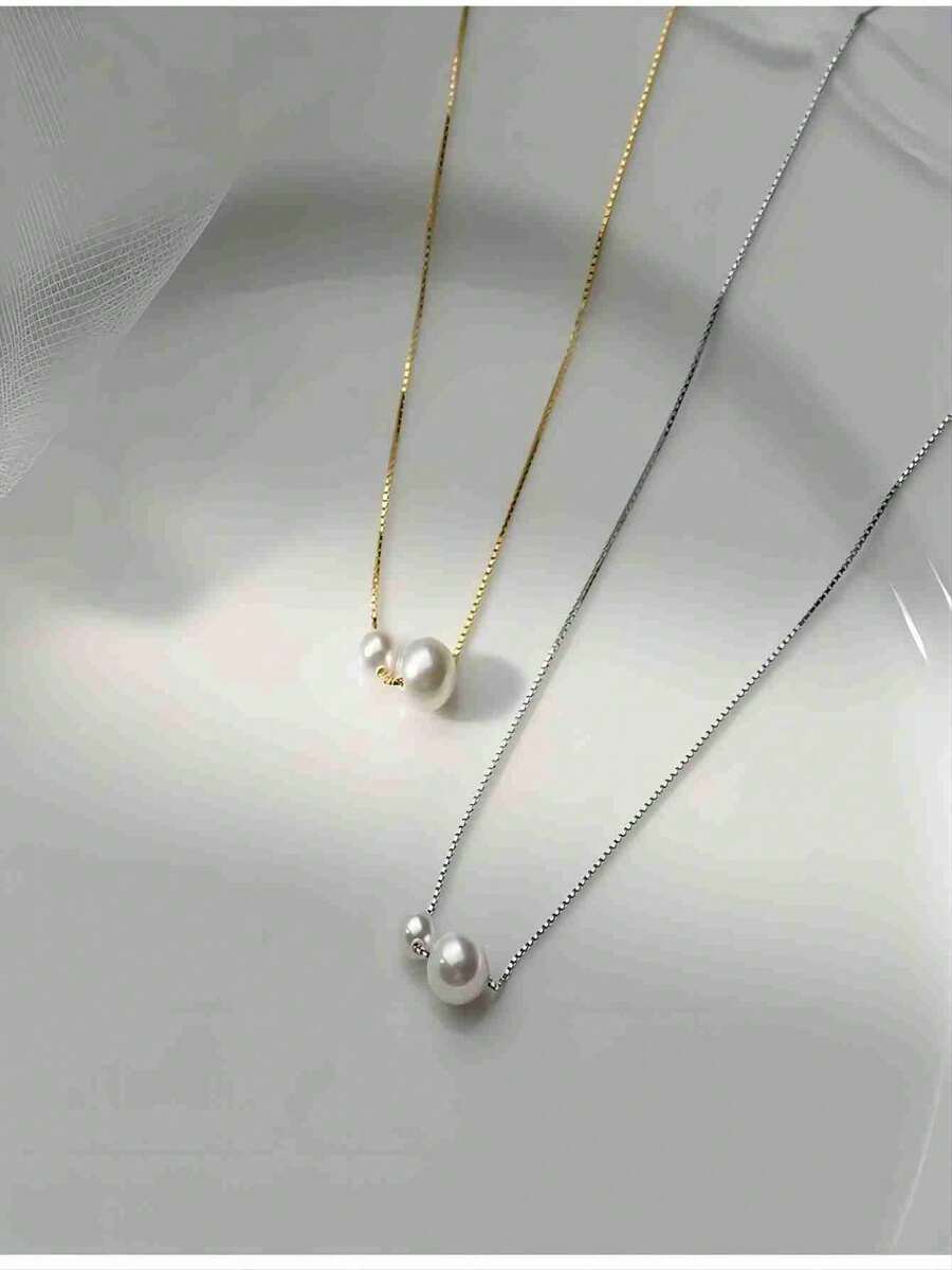 女性S925純銀珍珠項鍊，精緻豪華的新娘配飾，別緻的珍珠鎖骨鏈，精致的銀飾項鍊 - 金色 - 查看 1