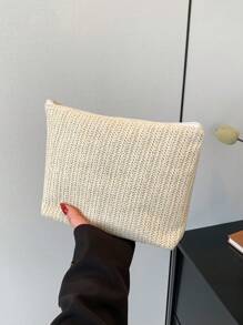 新款春夏时尚百搭纯色编织化妆包带字母布标，休闲手拿包/小单肩包/化妆包/手机包/沙滩包化妆品收纳包化妆品收纳袋迷你包旅行小化妆盒配件化妆架刷子包化妆品容器化妆包旅行必需品女士配饰旅行用品