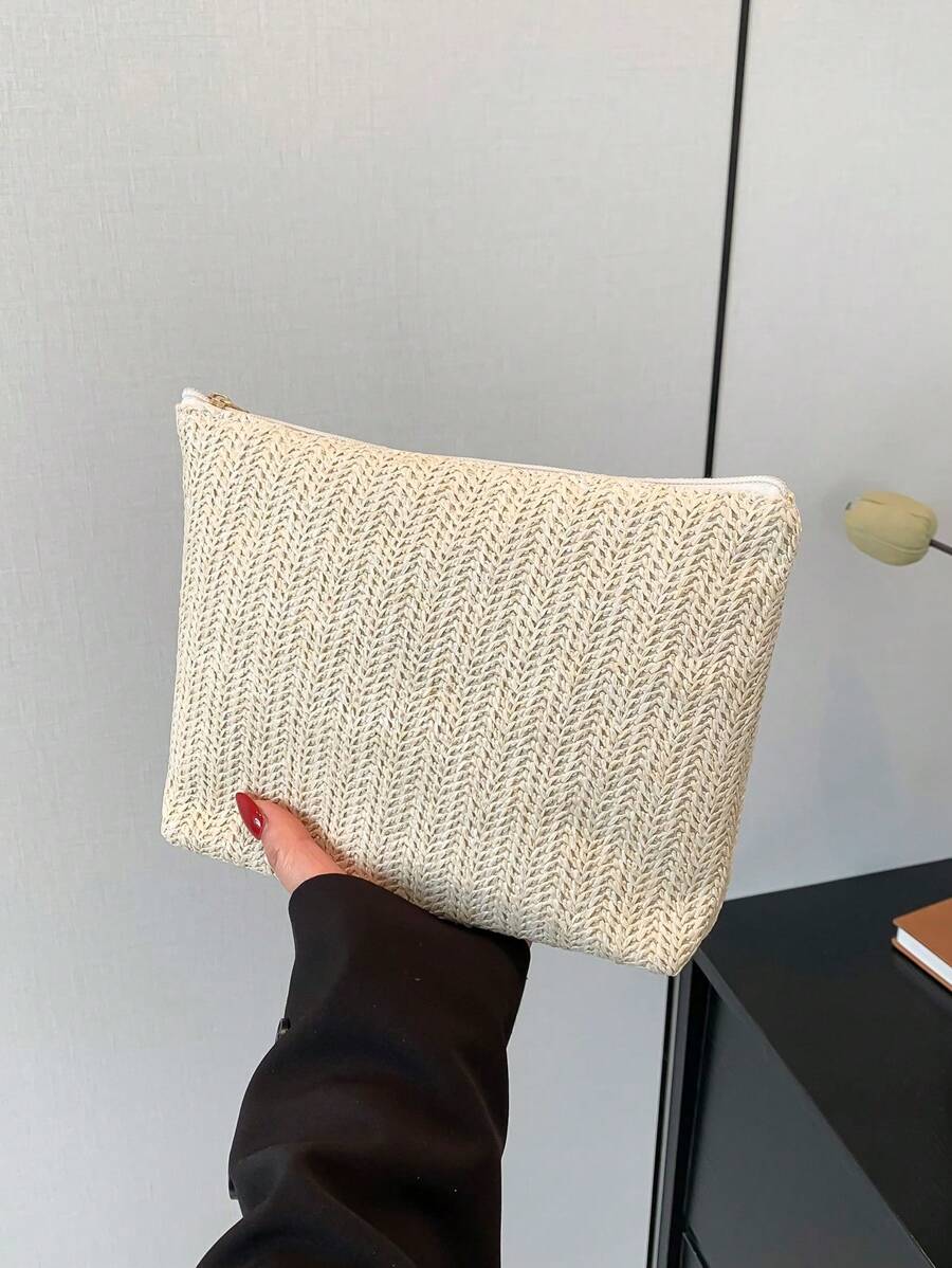 新款春夏时尚百搭纯色编织化妆包带字母布标，休闲手拿包/小单肩包/化妆包/手机包/沙滩包化妆品收纳包化妆品收纳袋迷你包旅行小化妆盒配件化妆架刷子包化妆品容器化妆包旅行必需品女士配饰旅行用品