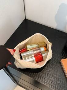 新款春夏时尚百搭纯色编织化妆包带字母布标，休闲手拿包/小单肩包/化妆包/手机包/沙滩包化妆品收纳包化妆品收纳袋迷你包旅行小化妆盒配件化妆架刷子包化妆品容器化妆包旅行必需品女士配饰旅行用品