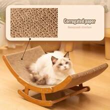 1pc Durable Crude Wood Cat Rocking Chair With Non-Shedding Corrugated Cardboard, Comfortable Lounger For Cats - Bronze - View 5