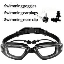 Kit de natation comprenant des lunettes de natation anti-buée et protection UV, des clips pour le nez et des bouchons d'oreille. Lunettes de natation réglables et étanches pour hommes et femmes.