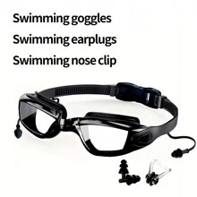 Kit de natation comprenant des lunettes de natation anti-buée et protection UV, des clips pour le nez et des bouchons d'oreille. Lunettes de natation réglables et étanches pour hommes et femmes.