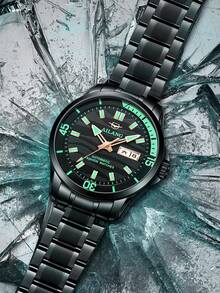 1入時尚大表盤防水黑色不鏽鋼男士自動機械錶，夜光，適合日常佩戴和送禮