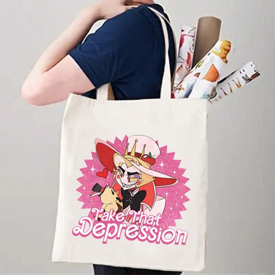 1pc Take That Depression Cartoon Print Reusable Shopping Bag, Large Capacity  Tote Bag, Gift For Kids - White - View 1