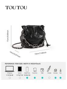 TOUTOU 时髦菱形花纹饼干绗缝水桶包、时尚链条顶部提手手提包、黑色 PU 皮革斜挎包、简约复古磁性单肩包 - 彩色 - 查看 4