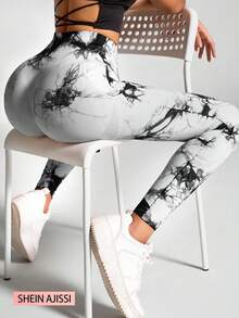 Women's Butt Lifting Tight Yoga Leggings, Fashion Tie-Dye Workout Gym Running Tights,Slimming Fitness Training Pants - Black and White - View 3