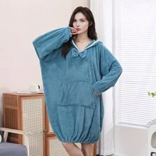 1件珊瑚絨柔軟吸水披風式浴袍，設有口袋、蝴蝶結和袖子，適合各季節使用，適用於浴室、游泳池、沙灘和家中 - 彩色 - 查看 4