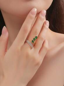 Cubic Zirconia Decor Cuff Ring - Silver - View 1