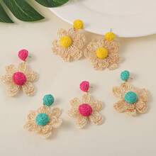 1pair Bohemian Style Raffia Braided Flower Earrings For Women, Suitable For Daily Wear Or Holiday Parties - Flower Earrings - View 3