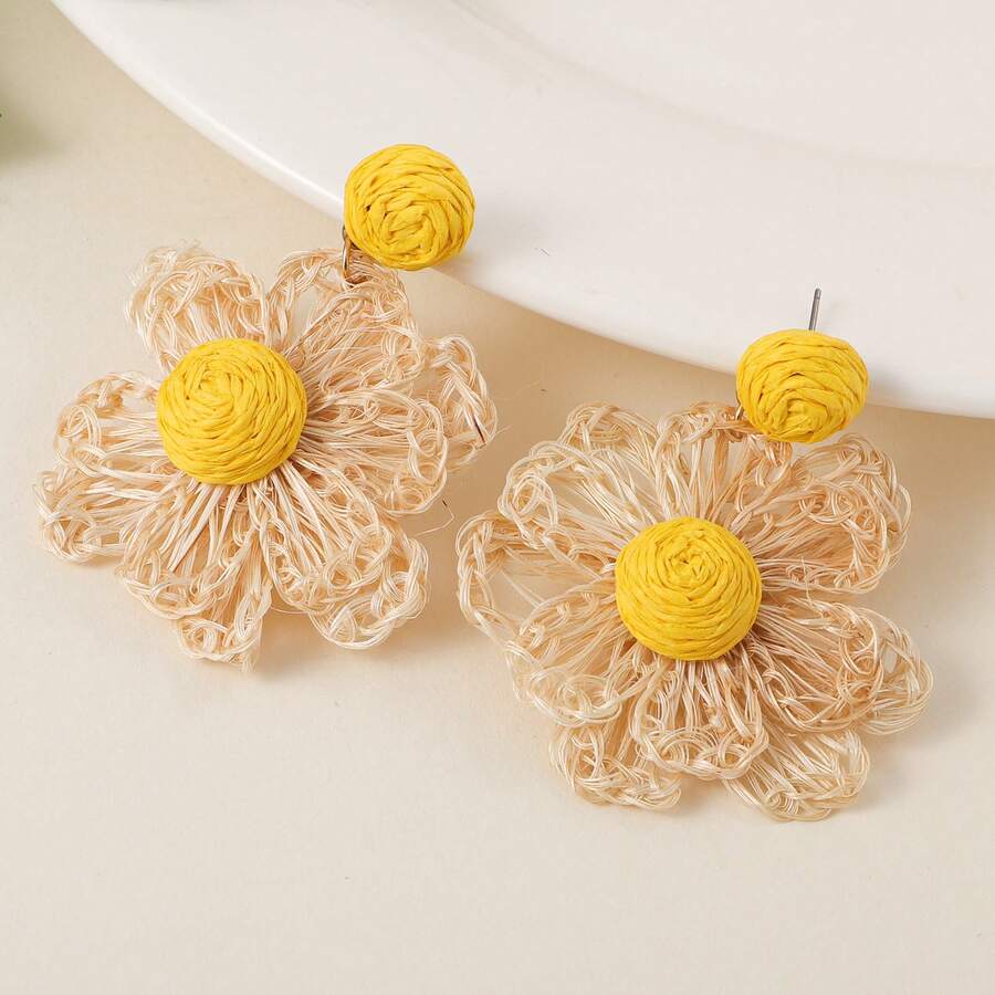 1pair Bohemian Style Raffia Braided Flower Earrings For Women, Suitable For Daily Wear Or Holiday Parties - Flower Earrings - View 1