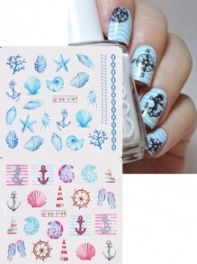 12 peças adesivos de unha de água com tema marinho de cavalo-marinho, leme, âncora azul, estrela-do-mar, concha, água-viva, desenho para decoração de unhas DIY - Multicolorido - Visão 3