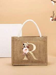 Pendlertasche Handtasche Leinentasche farblicher Kontrast tragbar für Festivals, Schule, Geschenktüte, Einkaufstasche, Handtasche für Frauen, Mode Jutegewebe Einkaufstasche mit modischem Buchstaben- und Blumenmuster aus Leinenmaterial für College-Studenten, Büroarbeiter, Damen, Lehrer, Valentinstag-Geschenk für Paar, beste Geschenke für Lehrer, Dankeschön-Geschenk für Lehrer - Khaki - Übersicht 18