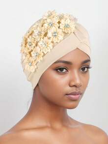 Turban bonnet élégant pour femmes avec fleurs en strass et ridules, chapeau de hijab musulman pour femmes avec plis et volants, bonnet de mariage en perles - Multicolore - Voir 10