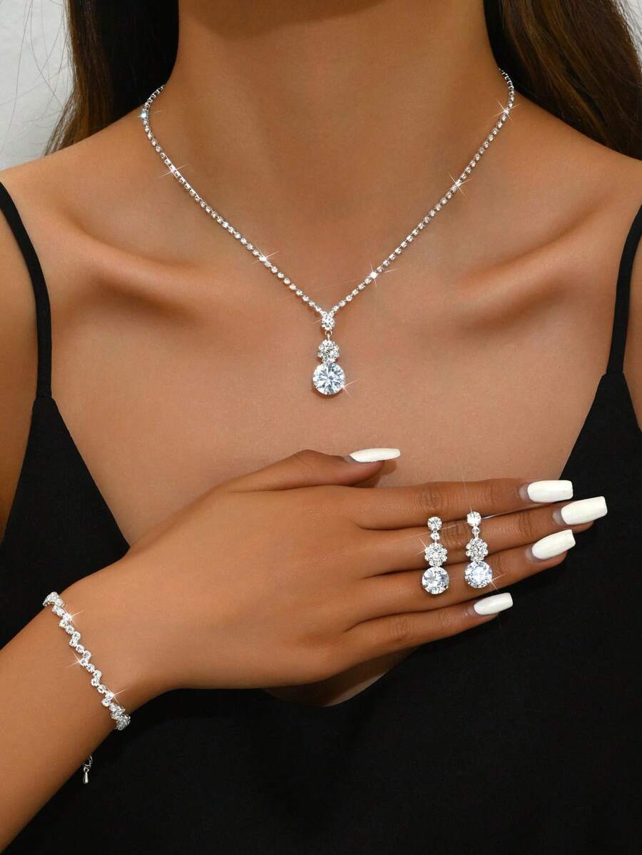 4入組可調節項鍊手鍊耳環珠寶套裝，擁有優雅復古INS風格，是適用於女性日常穿著、派對或節日裝扮的理想禮物組合。 - 銀色 - 查看 1