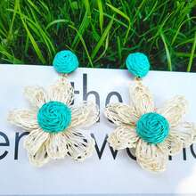 1pair Bohemian Style Raffia Braided Flower Earrings For Women, Suitable For Daily Wear Or Holiday Parties - Flower Earrings - View 8