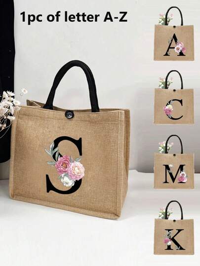 1pc-Letter Printed Handheld Tote Bag, Handbag For Girls, Best Gift For Family And Loved Ones, Mother's Day Gift, Portable Handbag, Multifunctional Shopping Bag, Large Capacity, Perfect For Travel, For Lipstick, Brush, Skincare, Mobile Phone, Coin, Small Items, For Home, Gift, Vacation And Festival Halloween Christmas Multifunctional Use,Boho Vibes