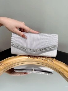 女士經典優雅百摺設計手拿包，鑲有鑽石裝飾，適用於晚宴、舞會等正式場合，可用作手腕袋、斜跨包或肩背包 - 銀色 - 查看 3