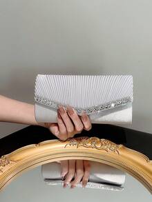 女士經典優雅百摺設計手拿包，鑲有鑽石裝飾，適用於晚宴、舞會等正式場合，可用作手腕袋、斜跨包或肩背包 - 銀色 - 查看 2