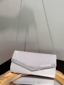 女士經典優雅百摺設計手拿包，鑲有鑽石裝飾，適用於晚宴、舞會等正式場合，可用作手腕袋、斜跨包或肩背包 - 銀色 - 查看 7