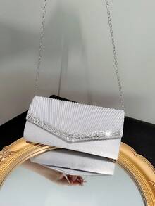 女士經典優雅百摺設計手拿包，鑲有鑽石裝飾，適用於晚宴、舞會等正式場合，可用作手腕袋、斜跨包或肩背包 - 銀色 - 查看 8