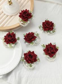 6 件装玫瑰花束，带满天星，适合新娘、伴娘、母亲、婆婆，饰有人造珍珠串珠链和腕带，非常适合婚礼、周年纪念、舞会和其他特殊场合情人节情人节