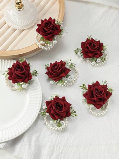 6pcs Rose Bouquet With Baby Breath For Bride, Bridesmaid, Mother, Mother-In-Law Decorated With Faux Pearl Beaded Chain And Wristband Ideal For Wedding, Anniversary, Prom, And Other Special Occasions Valentine's Day Valentines