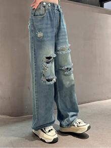 Tween Girl 破洞牛仔喇叭裤春秋款，单件出售 - 藍色 - 查看 2