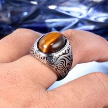 1pc Retro Handmade Turkish Signet Tiger Eyes Stone Ring Vintage Men's Ancient Silver Color Imitation Blue Turquoise Rings For Men Rock Punk Muslim Wedding Band Jewelry - Modern Style - View 10
