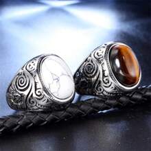 1pc Retro Handmade Turkish Signet Tiger Eyes Stone Ring Vintage Men's Ancient Silver Color Imitation Blue Turquoise Rings For Men Rock Punk Muslim Wedding Band Jewelry - Modern Style - View 8