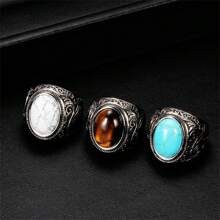 1pc Retro Handmade Turkish Signet Tiger Eyes Stone Ring Vintage Men's Ancient Silver Color Imitation Blue Turquoise Rings For Men Rock Punk Muslim Wedding Band Jewelry - Modern Style - View 9