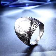 1pc Retro Handmade Turkish Signet Tiger Eyes Stone Ring Vintage Men's Ancient Silver Color Imitation Blue Turquoise Rings For Men Rock Punk Muslim Wedding Band Jewelry - Modern Style - View 6
