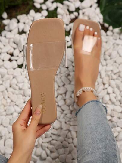 欧美风格大码女式方头舒适简约透明系带平底皮革凉鞋，休闲时尚户外沙滩夏季鞋