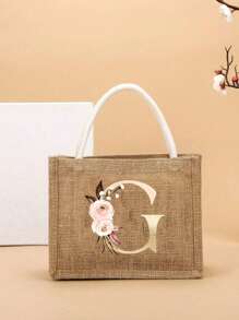 Pendlertasche Handtasche Leinentasche farblicher Kontrast tragbar für Festivals, Schule, Geschenktüte, Einkaufstasche, Handtasche für Frauen, Mode Jutegewebe Einkaufstasche mit modischem Buchstaben- und Blumenmuster aus Leinenmaterial für College-Studenten, Büroarbeiter, Damen, Lehrer, Valentinstag-Geschenk für Paar, beste Geschenke für Lehrer, Dankeschön-Geschenk für Lehrer - Khaki - Übersicht 25