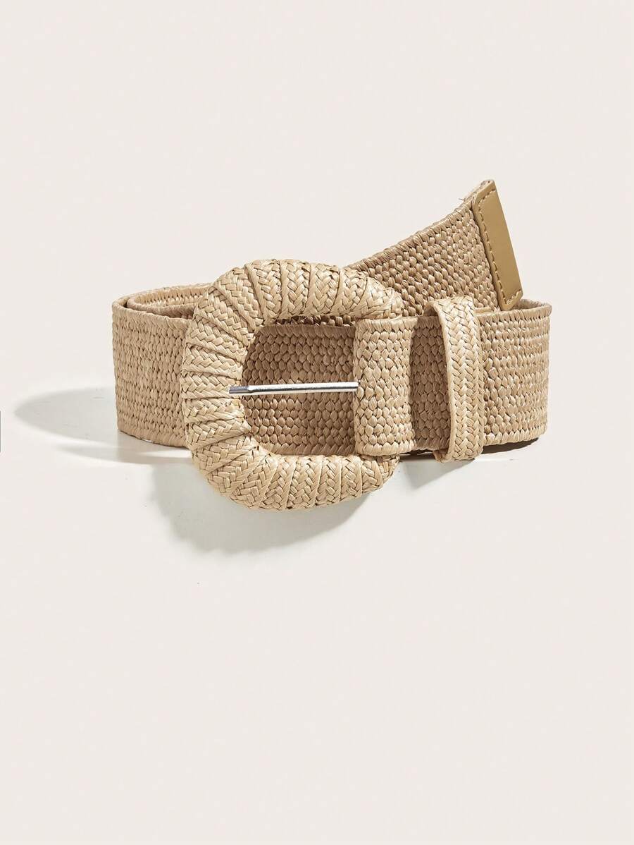 1 pieza Cinturón bohemio de mujer de tela trenzada blanca con hebilla elástica hecho de paja de PP, perfecto para vacaciones en la playa, verano, escuela, otoño, Halloween