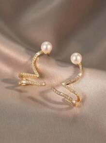 1pair Elegant And Simple Wave-Shaped Faux Pearl And Rhinestone Ear Studs Suitable For Women's Daily, Festivals Or Parties - Fake Pearls - View 3