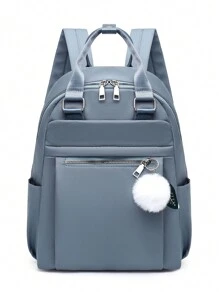 多口袋設計的防水輕便背包，適合女士用作錢包、購物袋或媽媽包裝買菜和存放嬰兒奶瓶，可放置筆記本電腦。配有毛茸茸的球吊飾，適用於女學生，包括小學、中學和高中生，以及大學生和畢業生，非常適合旅行、上班族和商務人士。 - 藍色 - 查看 3
