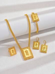 1 Set Of /Dubai/India Gold Luxurious Style Square Hollow Out Plain 3D Rose Jewelry Set. This 5 Pieces Luxury Gold Women Jewelry Set Is Suitable For Attending Parties And Festival Gatherings.