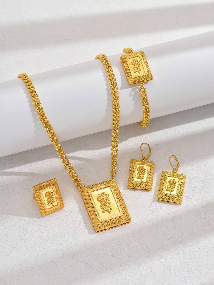 1 Set Of /Dubai/India Gold Luxurious Style Square Hollow Out Plain 3D Rose Jewelry Set. This 5 Pieces Luxury Gold Women Jewelry Set Is Suitable For Attending Parties And Festival Gatherings.