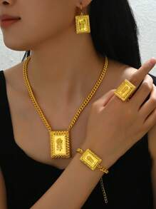 1 Set Of /Dubai/India Gold Luxurious Style Square Hollow Out Plain 3D Rose Jewelry Set. This 5 Pieces Luxury Gold Women Jewelry Set Is Suitable For Attending Parties And Festival Gatherings.