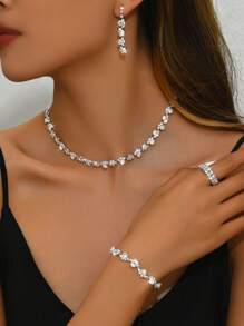 时尚简约珠宝套装 - 项链、耳环、手链、镶有钻石/珍珠的弹力戒指、结婚珠宝、母亲节礼物（多种选择） - 銀色 - 查看 9