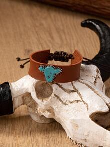 1 pieza Brazalete con concha de cabeza de vaca, cruz y piedra de turquesa azul en estilo occidental para mujeres