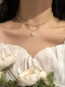 1入新款女士珍珠項鍊Kpop金珠吊墜項鍊Goth雙層鏈圈女士日常時尚派對珠寶禮物 - 金色 - 查看 2