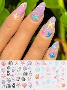 12 peças adesivos de unha de água com tema marinho de cavalo-marinho, leme, âncora azul, estrela-do-mar, concha, água-viva, desenho para decoração de unhas DIY - Multicolorido - Visão 2