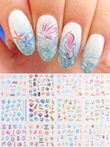 12 peças adesivos de unha de água com tema marinho de cavalo-marinho, leme, âncora azul, estrela-do-mar, concha, água-viva, desenho para decoração de unhas DIY - Multicolorido - Visão 1