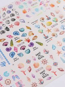 12 peças adesivos de unha de água com tema marinho de cavalo-marinho, leme, âncora azul, estrela-do-mar, concha, água-viva, desenho para decoração de unhas DIY - Multicolorido - Visão 7