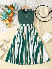 Tween Girl Knitted Ribbed Tank Top And Woven Printed Long Skirt 2pcs Set For Casual, Daily Wear, Vacation, Spring And Summer