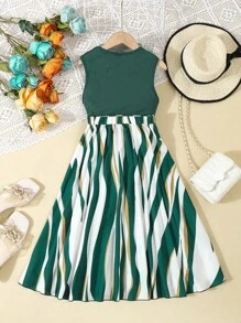 Tween Girl Knitted Ribbed Tank Top And Woven Printed Long Skirt 2pcs Set For Casual, Daily Wear, Vacation, Spring And Summer